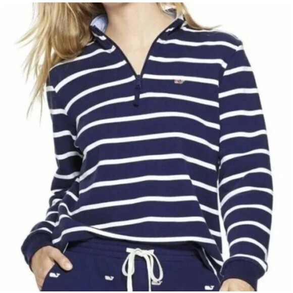 Vineyard Vines Womens 1/4 Zip Blue White Striped Coastal Nautical Small - Picture 1 of 10